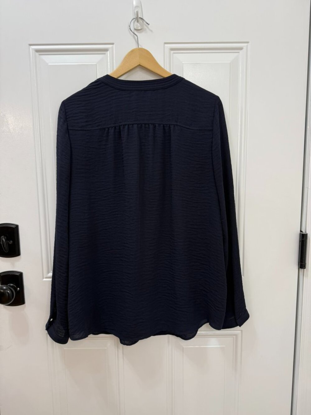 Rebecca Taylor Sophia Blouse Navy Split Neck Tie Front Pleated Pockets Size 12 - Picture 3 of 7